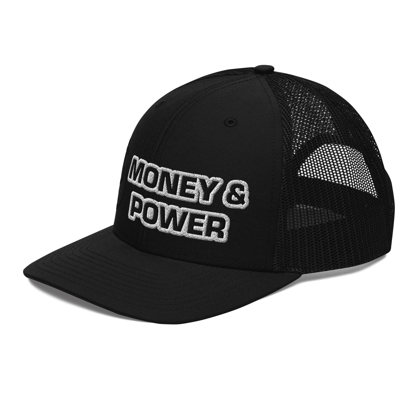 Money & Power Black & White Embroidered Trucker Hat