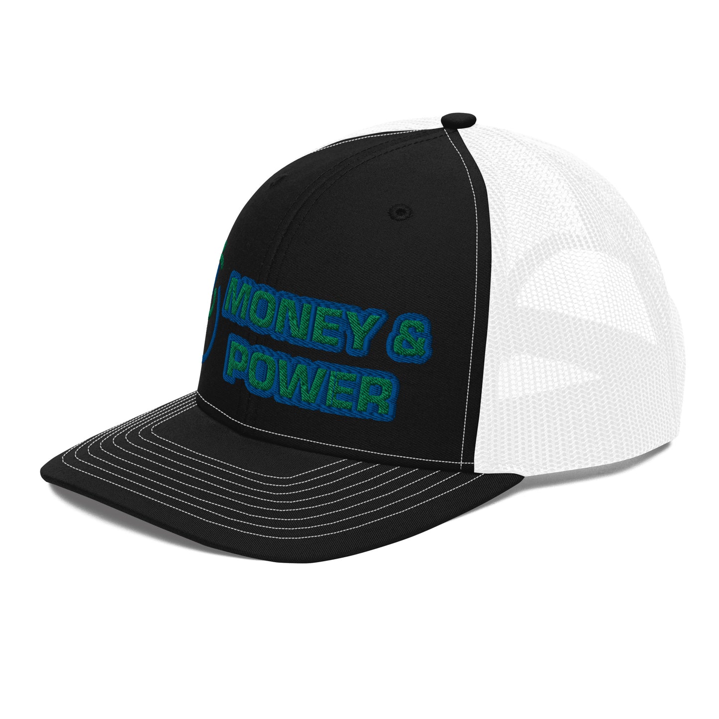 Money & Power Blue & Green Embroidered Trucker Hat