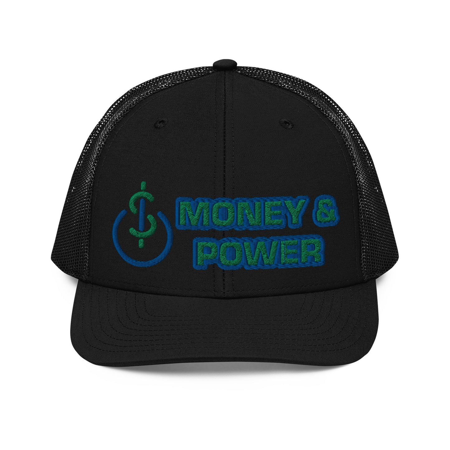 Money & Power Blue & Green Embroidered Trucker Hat