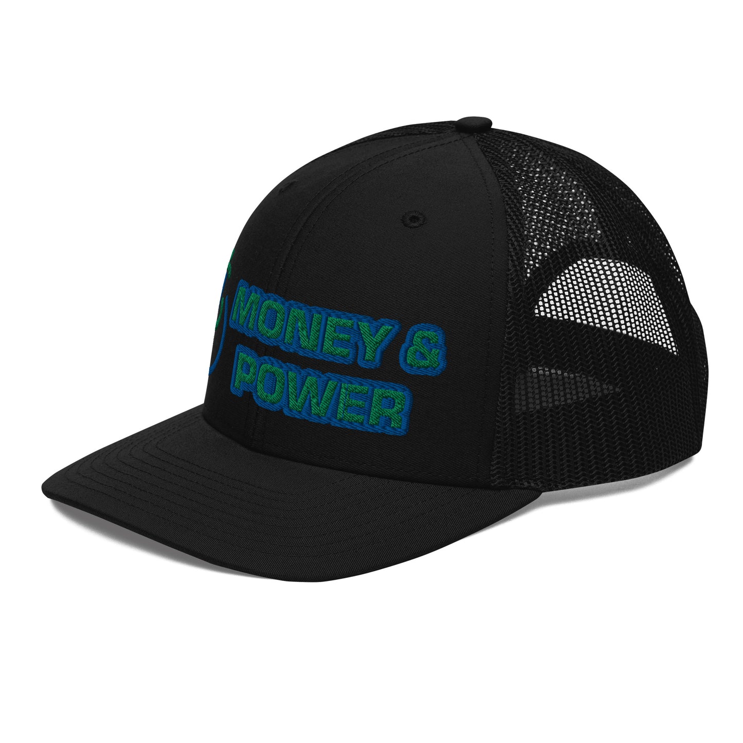 Money & Power Blue & Green Embroidered Trucker Hat