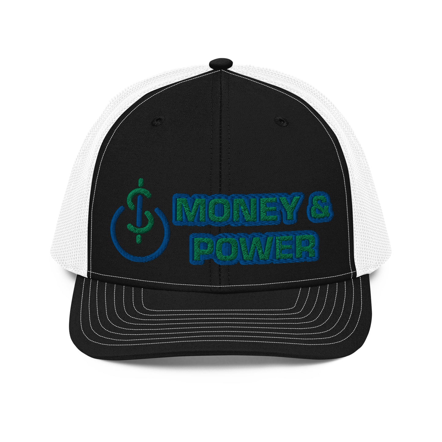 Money & Power Blue & Green Embroidered Trucker Hat