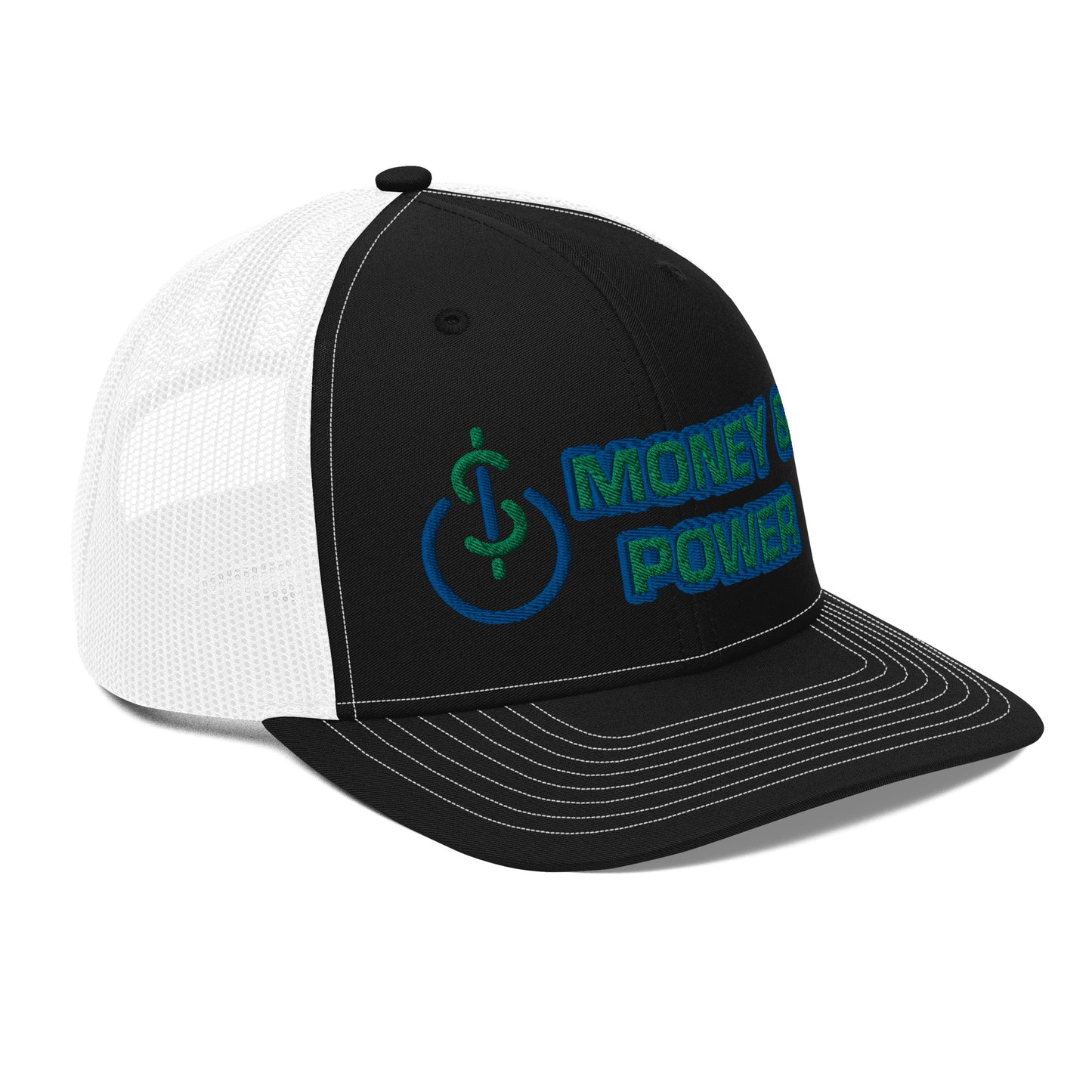 Money & Power Blue & Green Embroidered Trucker Hat