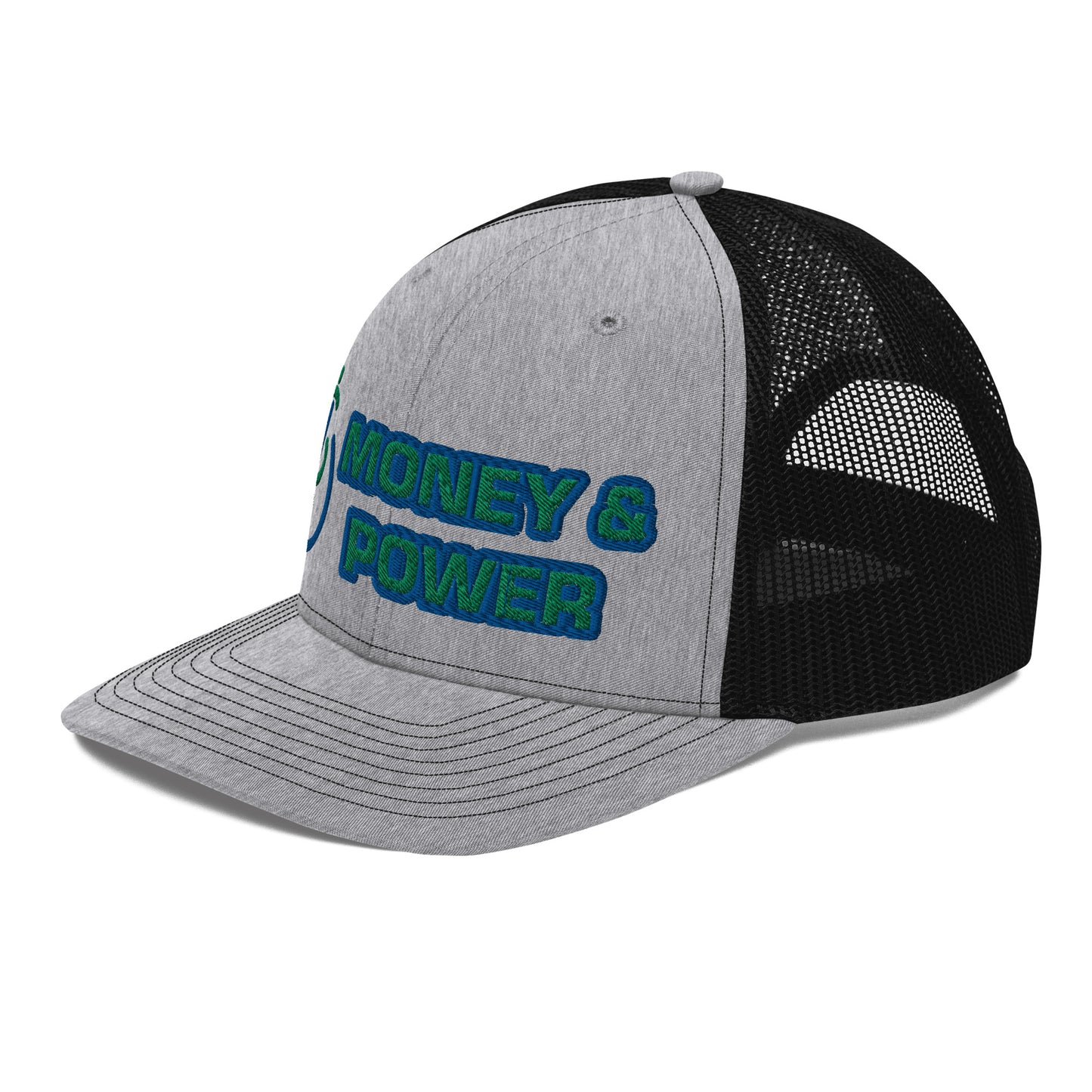 Money & Power Blue & Green Embroidered Trucker Hat