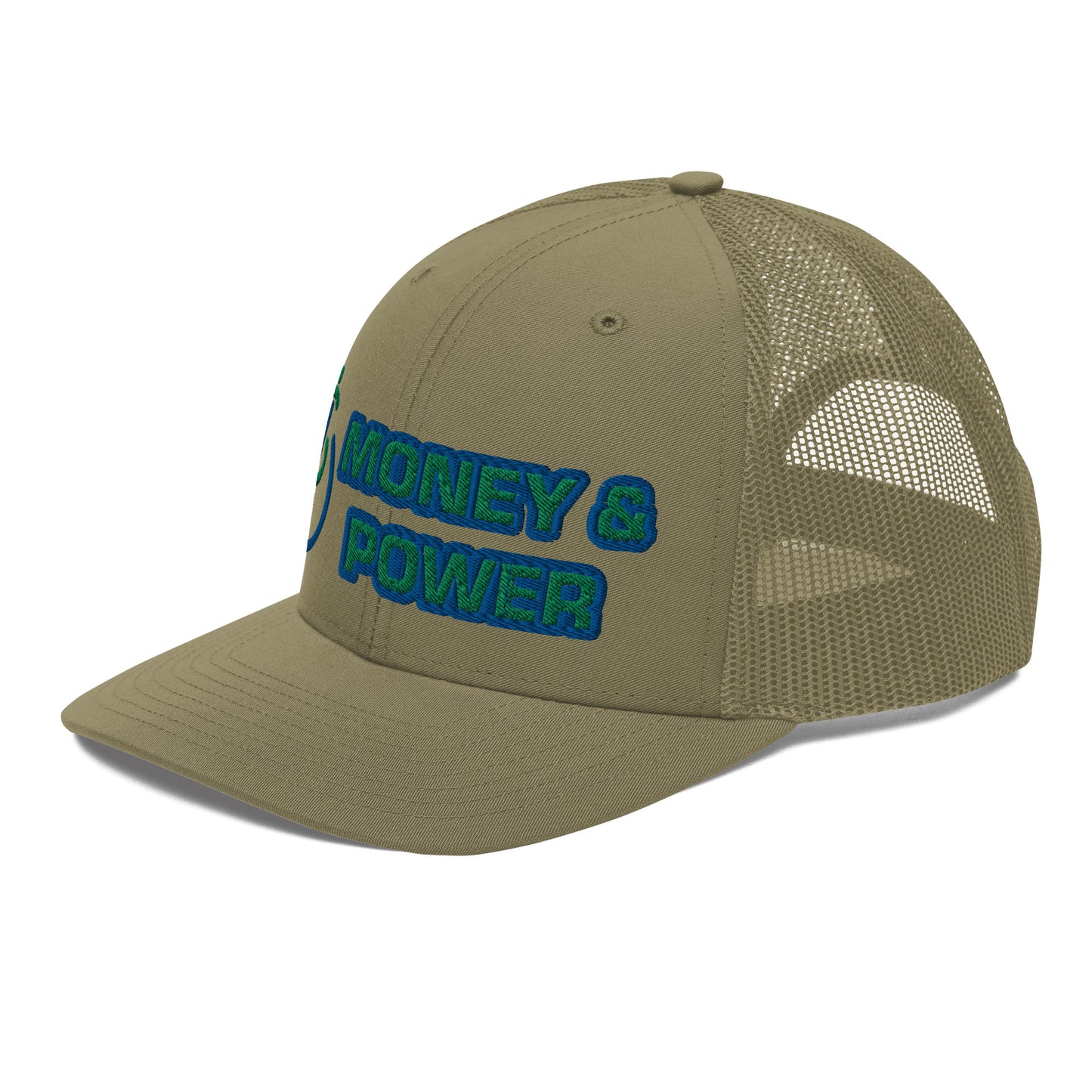 Money & Power Blue & Green Embroidered Trucker Hat